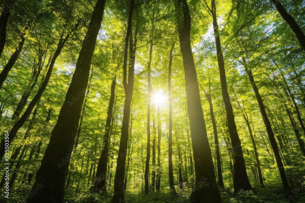 Fototapeta premium A peaceful sunlit forest with tall trees. Sun rays shine through the foliage creating a serene atmosphere.
