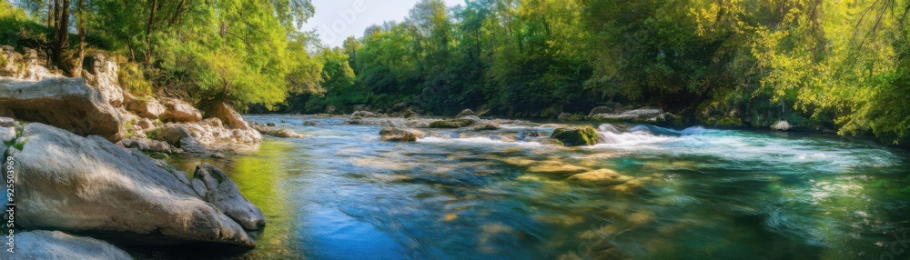Panoramic view of a serene river flowing through lush green forest with sunlight filtering through the trees. Panoramic view of a serene river flowing through lush green forest with sunlight filtering through the trees.