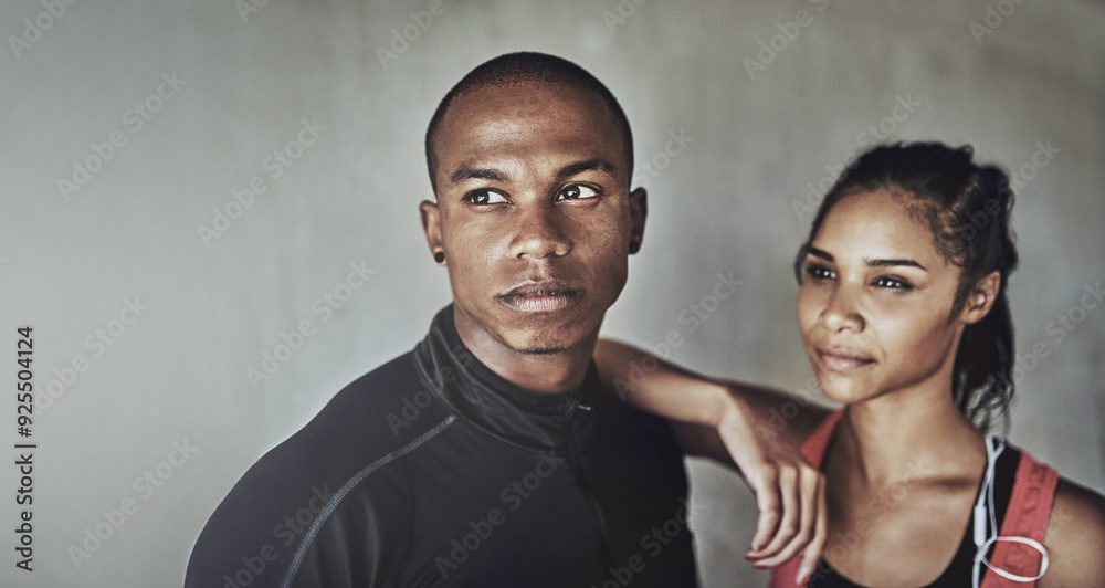 Obraz premium Couple, people and outdoor on fitness break on running for workout, training and exercise in Brazil. Love, relationship and thinking with bonding for health, wellbeing and wellness as lovers