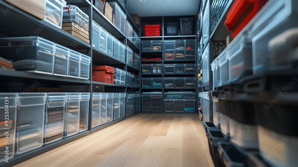 Obraz premium Organized and Invisible Storage Solution Clear bins labeled drawers