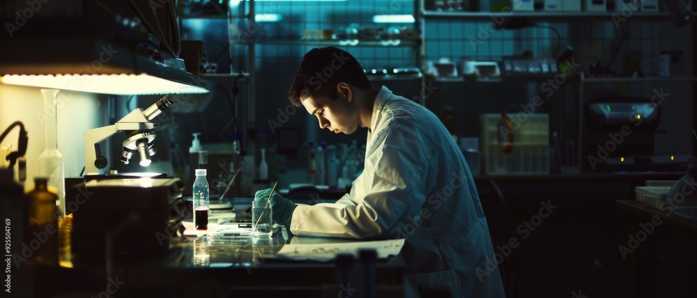 In the evening's dim light, a researcher peers attentively at his work, surrounded by an array of scientific tools in an advanced laboratory setting. In the evening's dim light, a researcher peers attentively at his work, surrounded by an array of scientific tools in an advanced laboratory setting.