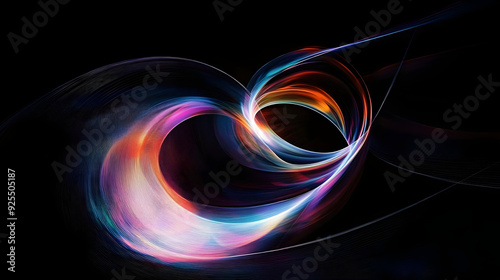 Abstract swirling lines of light in orange, pink and blue on a black background.