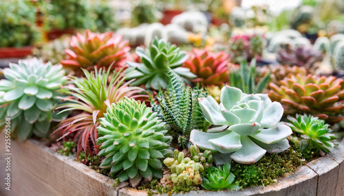 Assortment of different succulents, miniature garden. Eco-friendly living. Beautiful green plants.