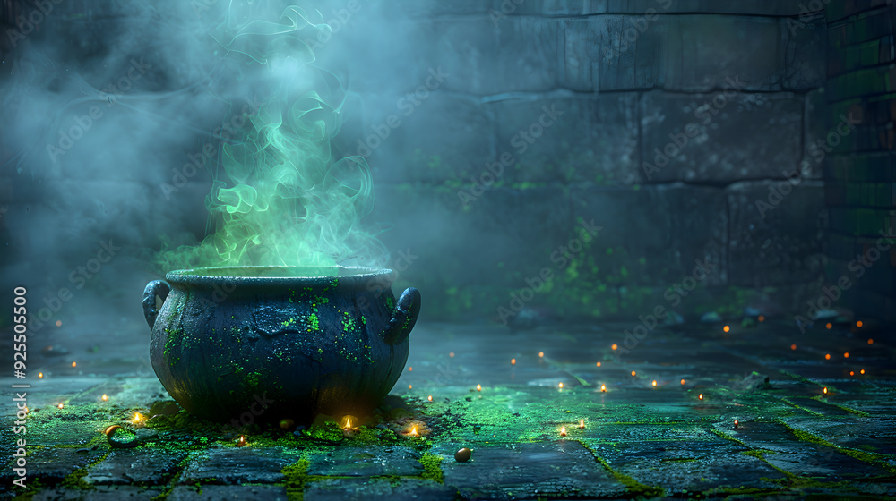 A Halloween card illustration featuring a cauldron surrounded by bubbling green potion