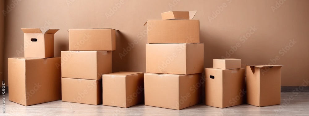 A lot of cardboard boxes with stuff and plants on floor in room with window without furniture in morning, free space, sun flare. Moving, buying new apartment, rent flat, credit and mortgage, nobody A lot of cardboard boxes with stuff and plants on floor in room with window without furniture in morning, free space, sun flare. Moving, buying new apartment, rent flat, credit and mortgage, nobody