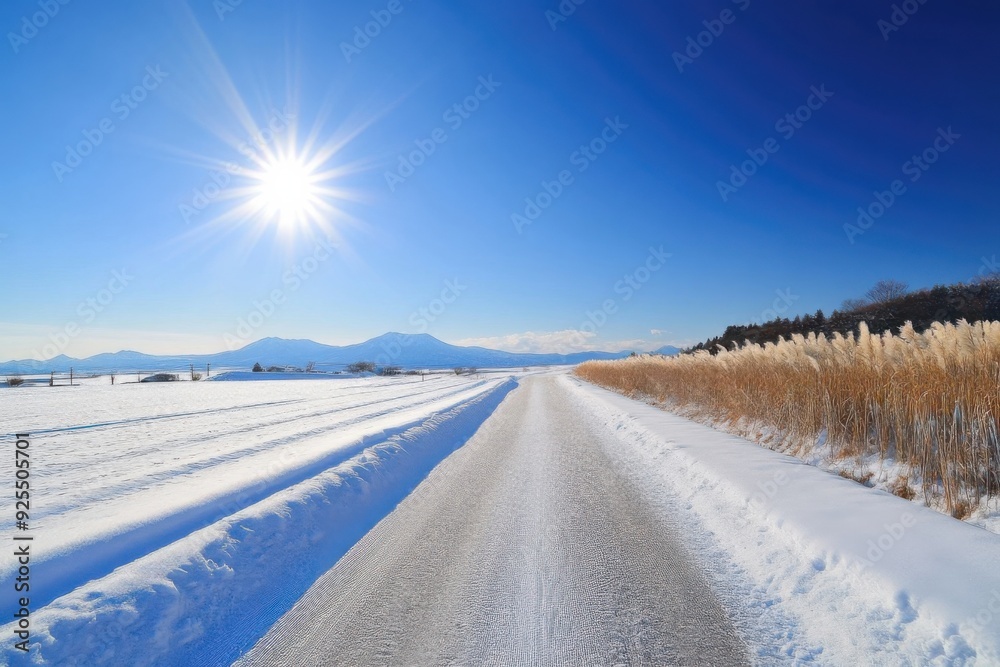 A snowy road stretches under a bright sun with clear blue skies, mountains, and dry grass. A snowy road stretches under a bright sun with clear blue skies, mountains, and dry grass.