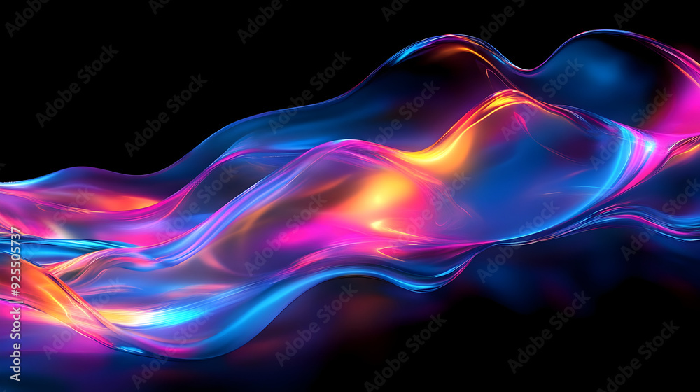 Abstract vibrant blue, pink, and yellow wavy fluid on black background.