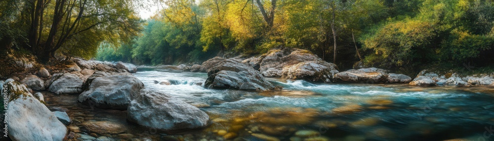 Fototapeta premium A tranquil river flowing through a lush forest with large rocks and clear water under warm sunlight