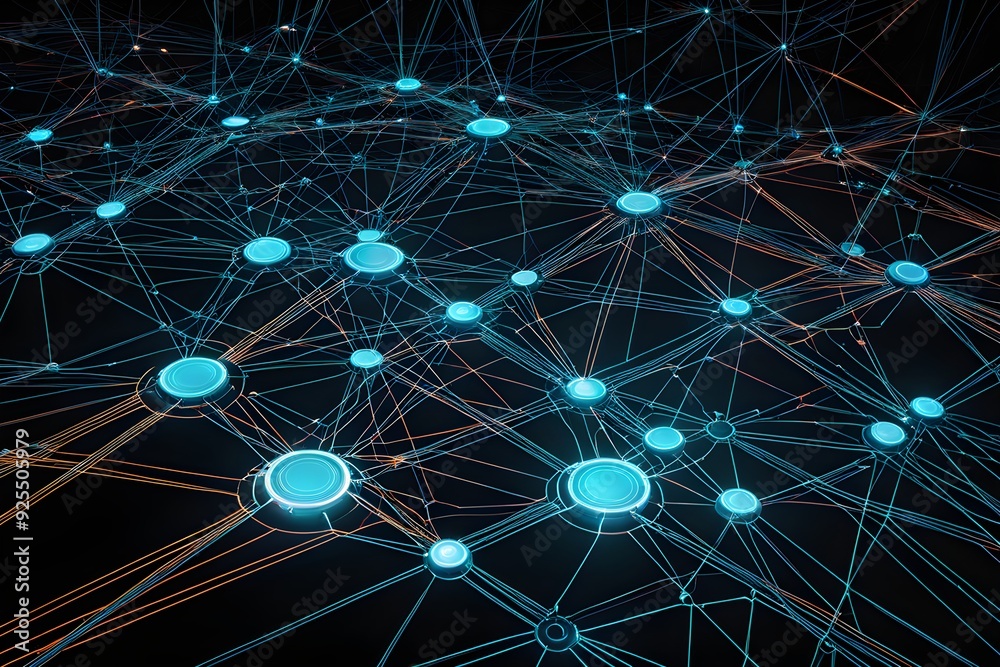 A computer generated image of a network of blue and orange dots A computer generated image of a network of blue and orange dots