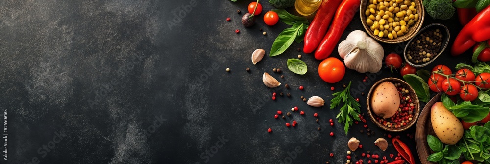 An assortment of fresh vegetables, spices, and herbs is laid out on a dark rustic background, creating a visually appealing culinary composition. An assortment of fresh vegetables, spices, and herbs is laid out on a dark rustic background, creating a visually appealing culinary composition.