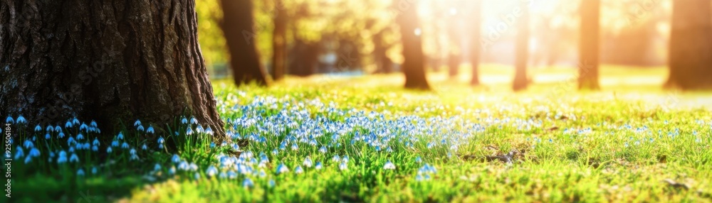 Fototapeta premium A sunlit forest clearing with blooming flowers and sunlight filtering through the trees.