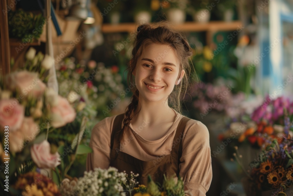 smiling florist young woman working in florist shop, looking at camera smiling florist young woman working in florist shop, looking at camera