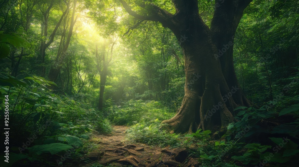 A serene path winds through a lush, green forest with sunlight streaming through the dense canopy. A serene path winds through a lush, green forest with sunlight streaming through the dense canopy.