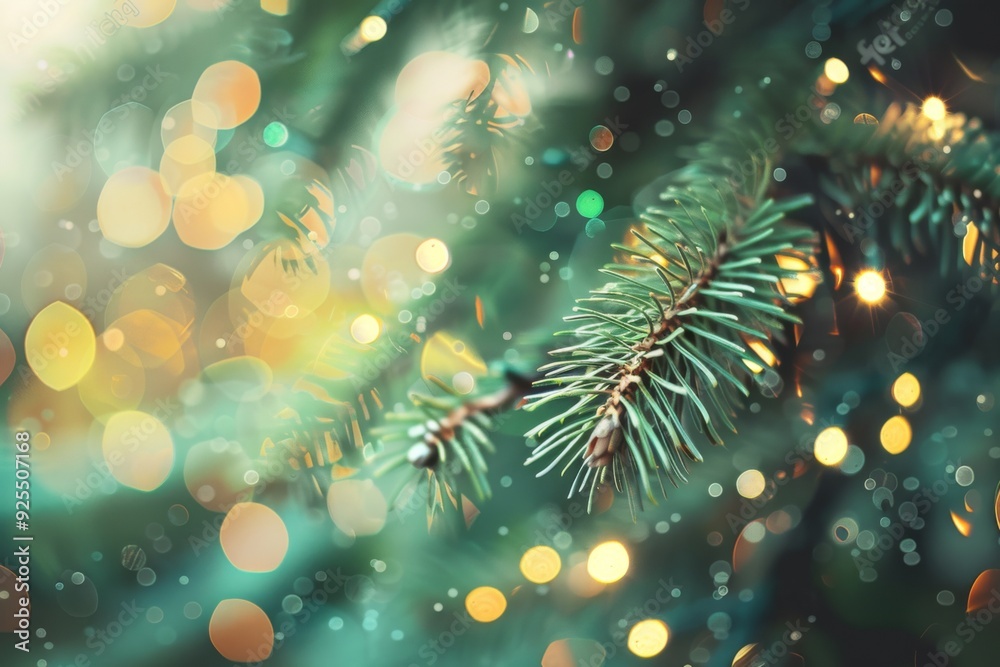 Festive Background with Blurred Pine Tree Branches and Bokeh Lights, Ideal for Christmas Card Designs and New Year Celebrations, Vintage Green Color Scheme