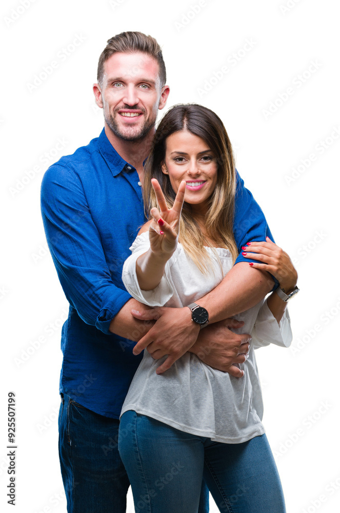 Young couple in love over isolated background showing and pointing up with fingers number two while smiling confident and happy. Young couple in love over isolated background showing and pointing up with fingers number two while smiling confident and happy.