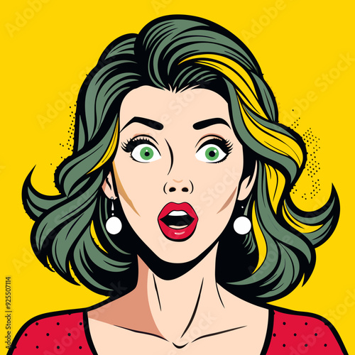 Beautiful stylish surprised woman on a yellow background, vector illustration in pop art style, girl, lady, female, comic