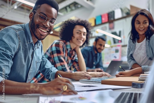 Smiling diverse team working together in a creative office environment, using laptops and papers to develop advertising ideas. High-resolution image showcasing teamwork and innovation.