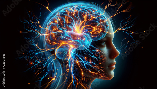 A digital brain image with vivid neural connections, symbolizing advanced brain activity or cognitive function, set against a dark background.