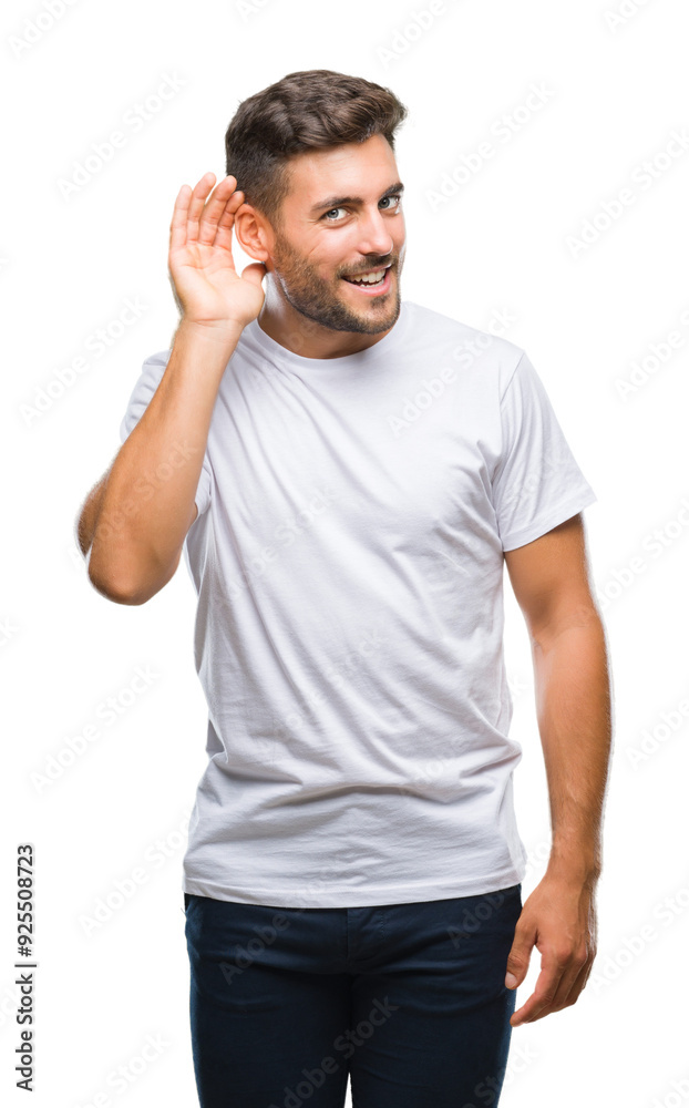 Young handsome man over isolated background smiling with hand over ear listening an hearing to rumor or gossip. Deafness concept. Young handsome man over isolated background smiling with hand over ear listening an hearing to rumor or gossip. Deafness concept.