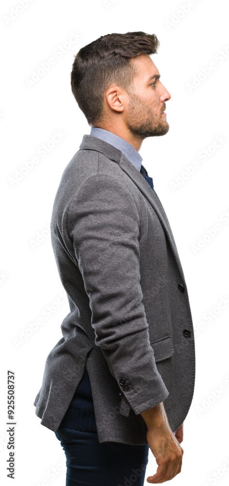 Naklejka premium Young handsome business man over isolated background looking to side, relax profile pose with natural face with confident smile.