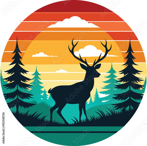 deer in the forest T-shirt design with sunset, in silhouette 