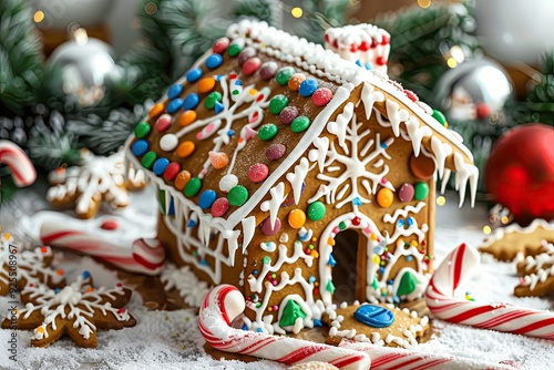 A close up of a gingerbread house decorated with colorful icing and candy, surrounded by snowflake cookies and candy canes photo