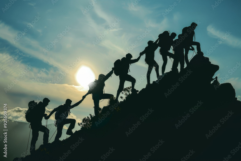 Silhouette of a diverse team helping each other to climb to the top of a mountain, representing success and teamwork in business. Silhouette of a diverse team helping each other to climb to the top of a mountain, representing success and teamwork in business.