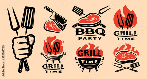 Barbecue grill labels, badges and design elements for restaurant menu. Bbq emblem set vector illustration