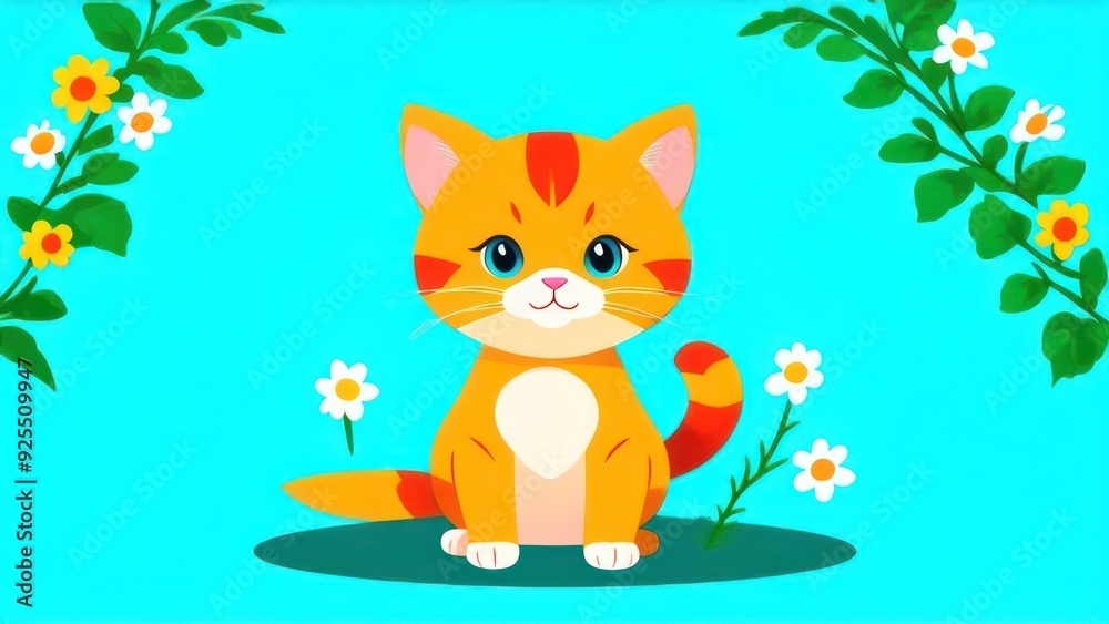 Fototapeta premium Little ginger kitten with flowers in its paws, space for text 