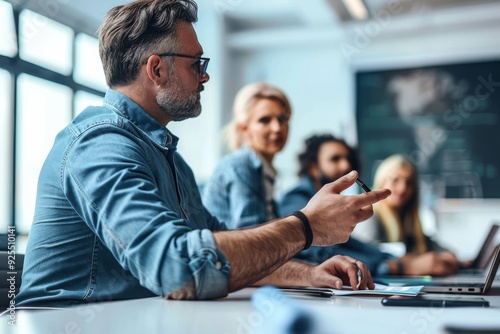 Group of office workers engaged in a meeting, with a man presenting ideas while holding a pen, dressed in casual attire, capturing a collaborative and professional atmosphere in a conference room.