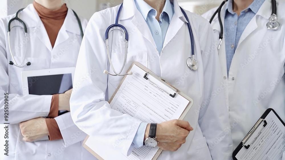 Group of doctors wearing white coats and stethoscopes standing with clipboards. Medical team at work Group of doctors wearing white coats and stethoscopes standing with clipboards. Medical team at work