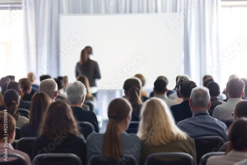 Large audience in an auditorium listening to a speaker on stage with a white screen and light background, viewed from behind, ideal for business presentations or conferences.