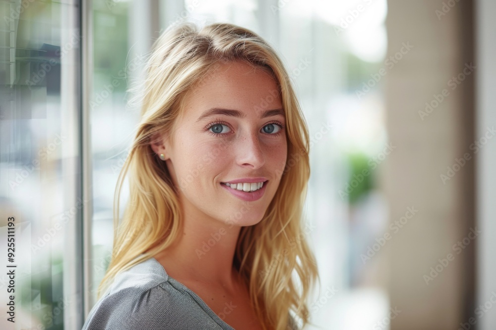 Close-up portrait of a smiling blonde businesswoman in casual attire standing by a window with a blurred background, high-detail image with cinematic lighting and ample copy space for concept banners. Close-up portrait of a smiling blonde businesswoman in casual attire standing by a window with a blurred background, high-detail image with cinematic lighting and ample copy space for concept banners.