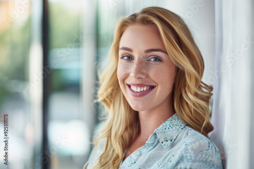 Close-up portrait of a smiling blonde businesswoman in casual attire standing by a window with a blurred background, high-detail image with cinematic lighting and ample copy space for concept banners.