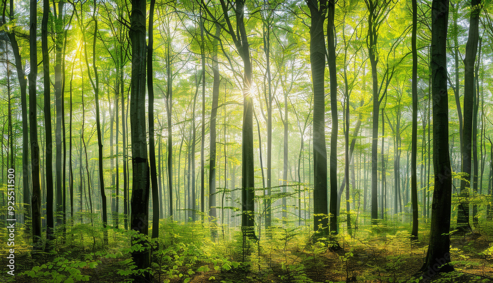 Fototapeta premium Panoramic view of a vibrant spring forest with sunlight filtering through tall tree trunks and green foliage, showcasing a serene natural landscape.