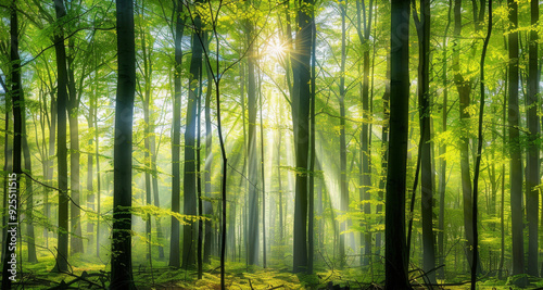 Panoramic view of a vibrant spring forest with sunlight filtering through tall tree trunks and green foliage, showcasing a serene natural landscape.