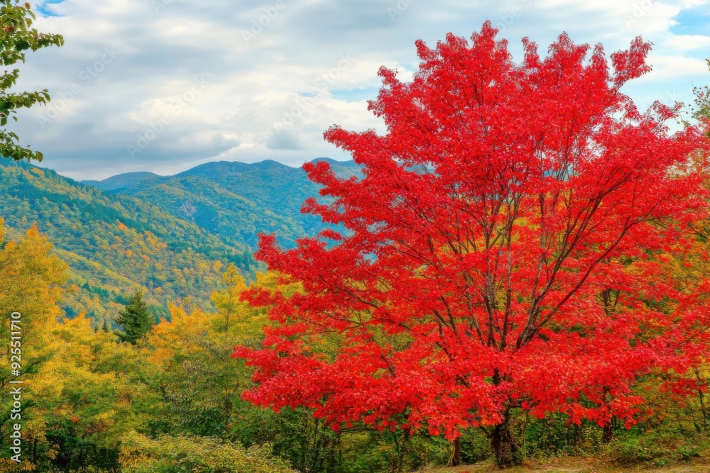 A vibrant red tree dominates a scenic autumn mountain landscape with colorful fall foliage and distant peaks. A vibrant red tree dominates a scenic autumn mountain landscape with colorful fall foliage and distant peaks.