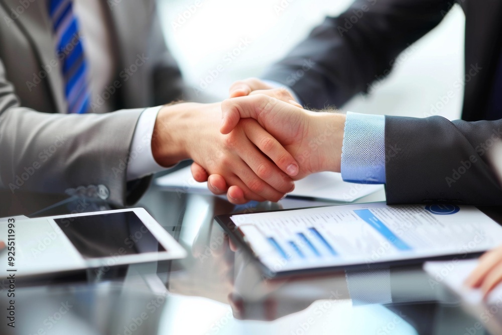 Close-up view of business people shaking hands over a table with documents and digital tablet, symbolizing successful collaboration and professional agreement. Close-up view of business people shaking hands over a table with documents and digital tablet, symbolizing successful collaboration and professional agreement.