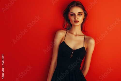Young Beautiful woman, black dress, red background, slim and toned body