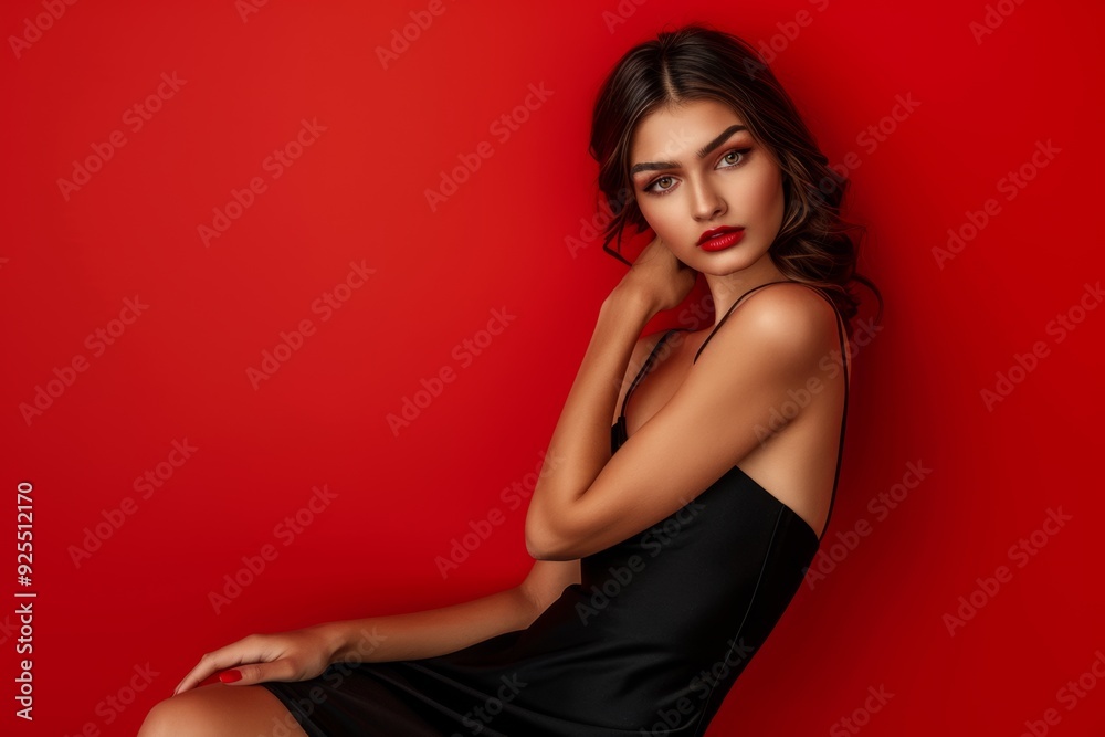 Young Beautiful woman, black dress, red background, slim and toned body Young Beautiful woman, black dress, red background, slim and toned body