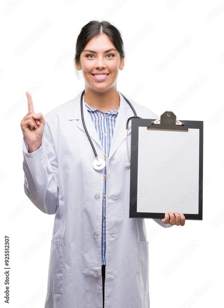Young hispanic doctor woman holding clipboard surprised with an idea or question pointing finger with happy face, number one Young hispanic doctor woman holding clipboard surprised with an idea or question pointing finger with happy face, number one