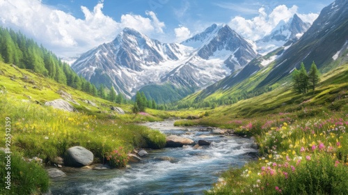 A picturesque mountain landscape featuring a flowing stream through a vibrant meadow with wildflowers and snow-capped peaks.