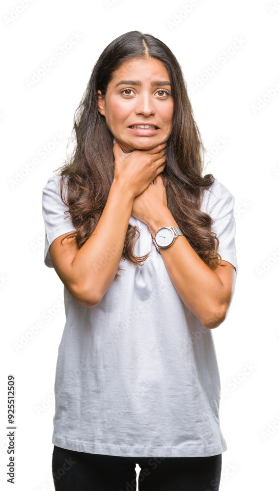 Young beautiful arab woman over isolated background shouting and suffocate because painful strangle. Health problem. Asphyxiate and suicide concept. Young beautiful arab woman over isolated background shouting and suffocate because painful strangle. Health problem. Asphyxiate and suicide concept.