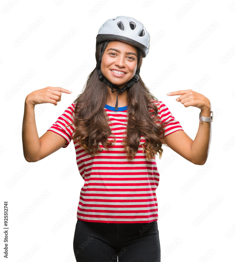 Young arab cyclist woman wearing safety helmet over isolated background looking confident with smile on face, pointing oneself with fingers proud and happy. Young arab cyclist woman wearing safety helmet over isolated background looking confident with smile on face, pointing oneself with fingers proud and happy.