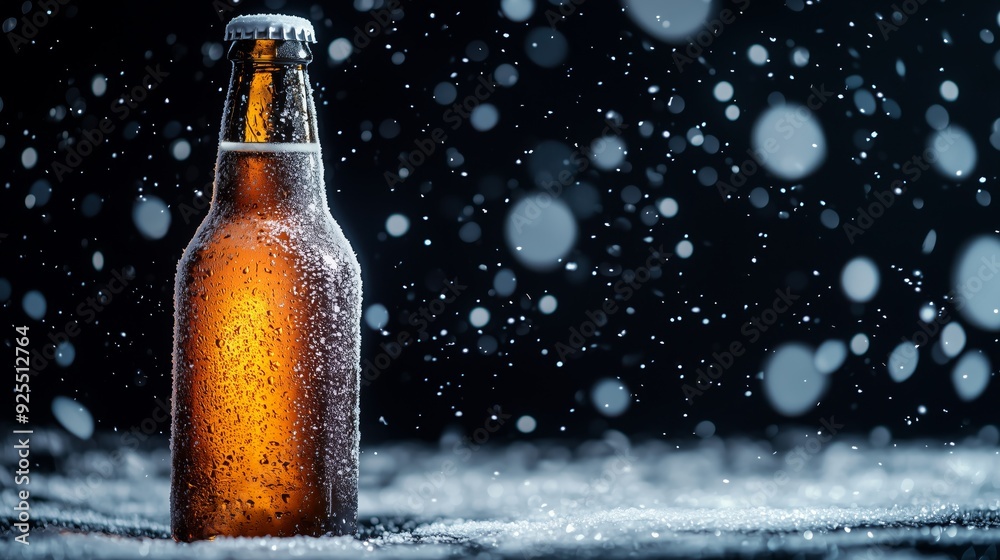 Lots of white frost on a beer bottle on a clean black background. Lots of white frost on a beer bottle on a clean black background.