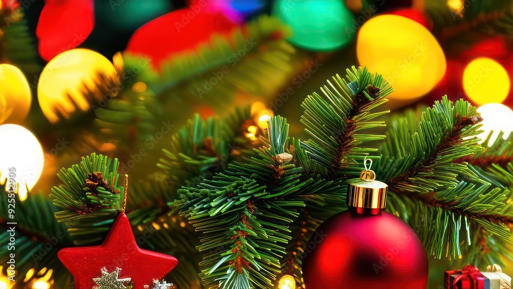 christmas fir branches with christmas toys with bokeh christmas fir branches with christmas toys with bokeh
