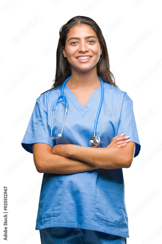 Young arab doctor surgeon woman over isolated background happy face smiling with crossed arms looking at the camera. Positive person. Young arab doctor surgeon woman over isolated background happy face smiling with crossed arms looking at the camera. Positive person.