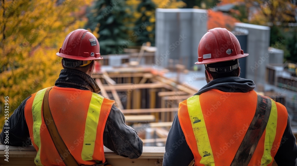 Two construction workers wearing orange safety vests and red hard hats. Two construction workers wearing orange safety vests and red hard hats.