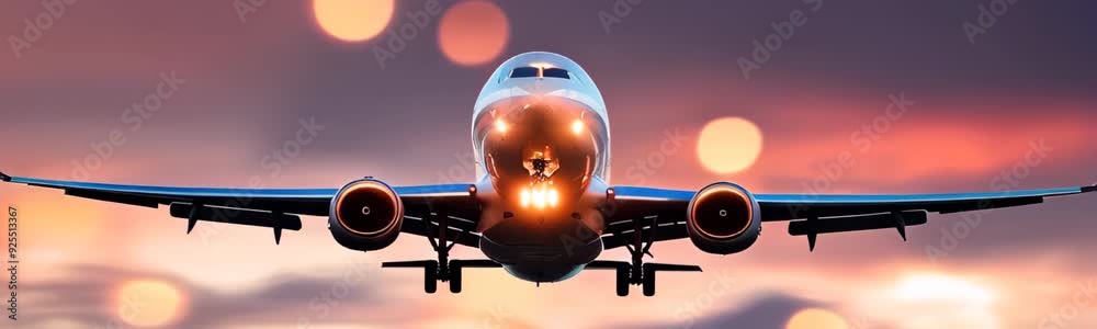 A commercial airplane is landing or taking off on a runway during sunset. Travel and vacation concept. Copy space web site banner, slow motion A commercial airplane is landing or taking off on a runway during sunset. Travel and vacation concept. Copy space web site banner, slow motion