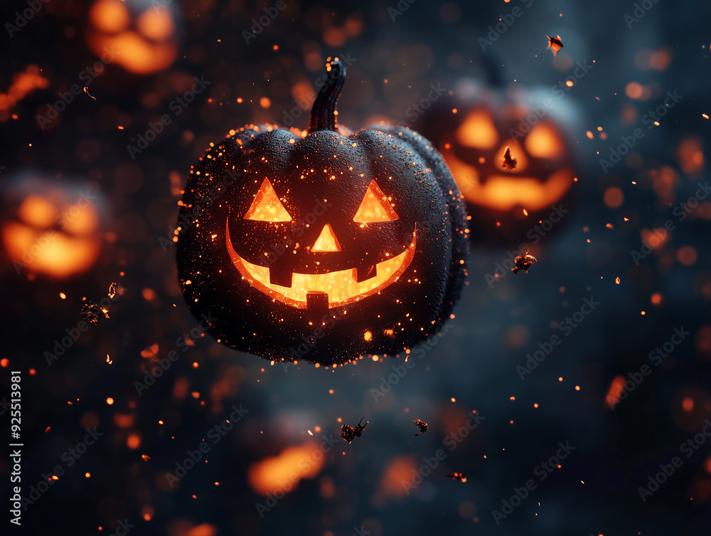 Fototapeta premium Glowing jack-o'-lanterns illuminate a dark forest during Halloween night celebration